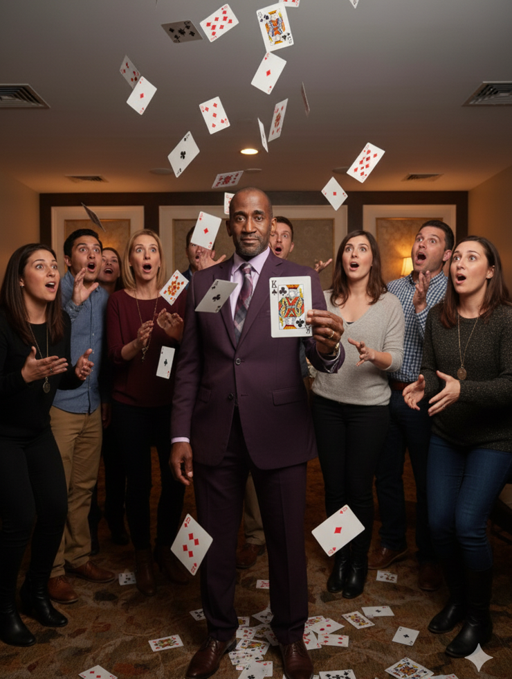An indoor audience reacting as playing cards fill the air