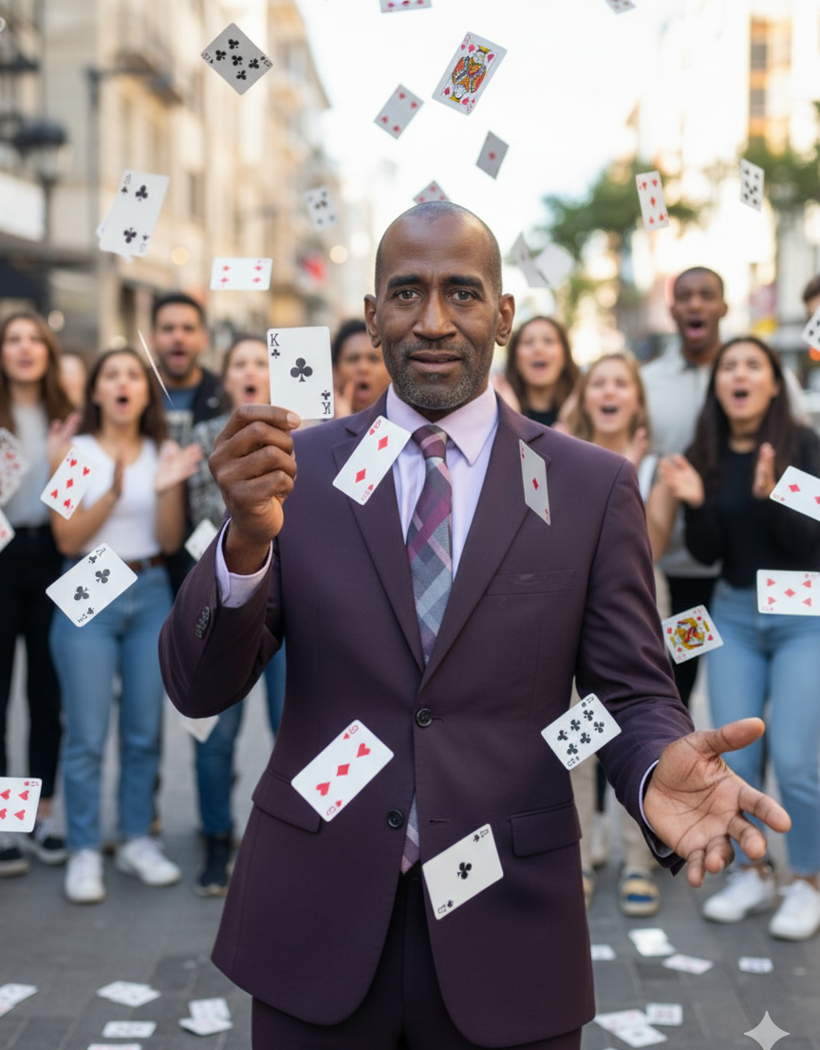 Magician surrounded by a crowd and a shower of playing cards