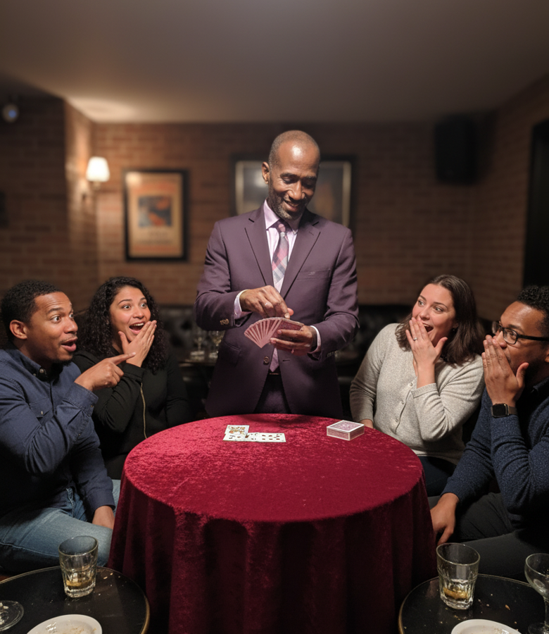 A magician astonishing guests around a small table