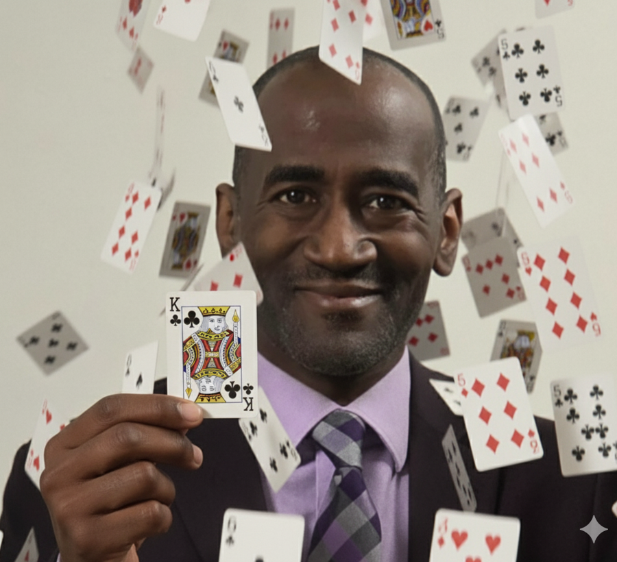 Magician holding the king of clubs as cards float around him