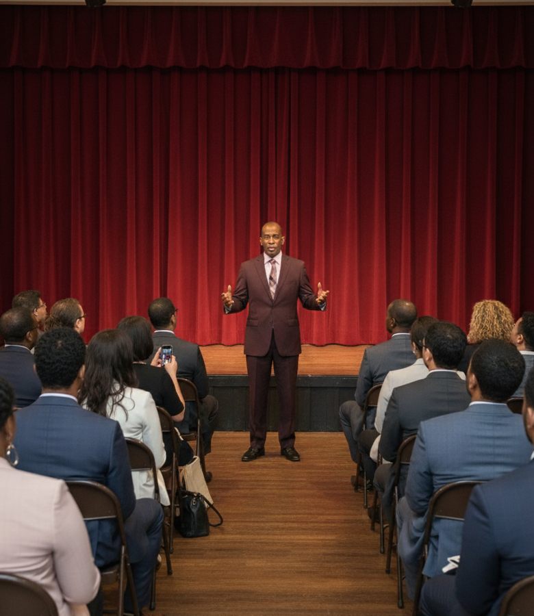 A magician performing on stage in front of a seated audience